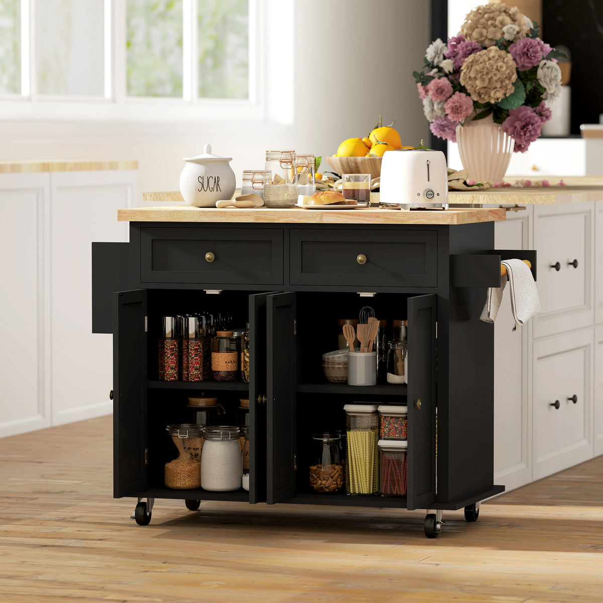 44-Inch Black Mobile Kitchen Island with 2 Drawers
