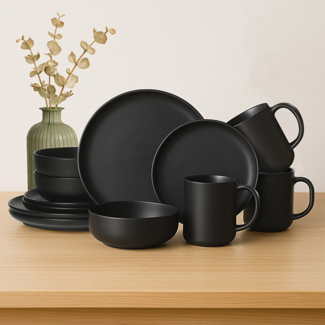 Black 12-Piece Stoneware Dinnerware Set with Mugs