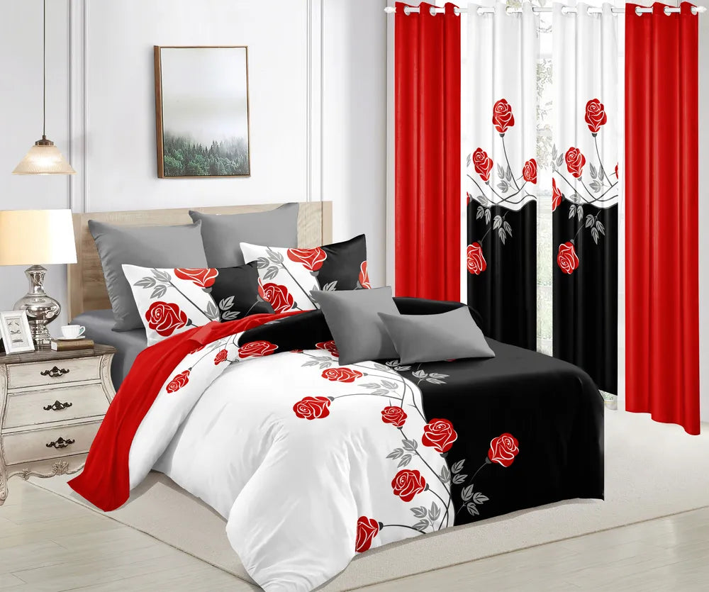 9-Piece Red Rose Bedding and Curtain Set