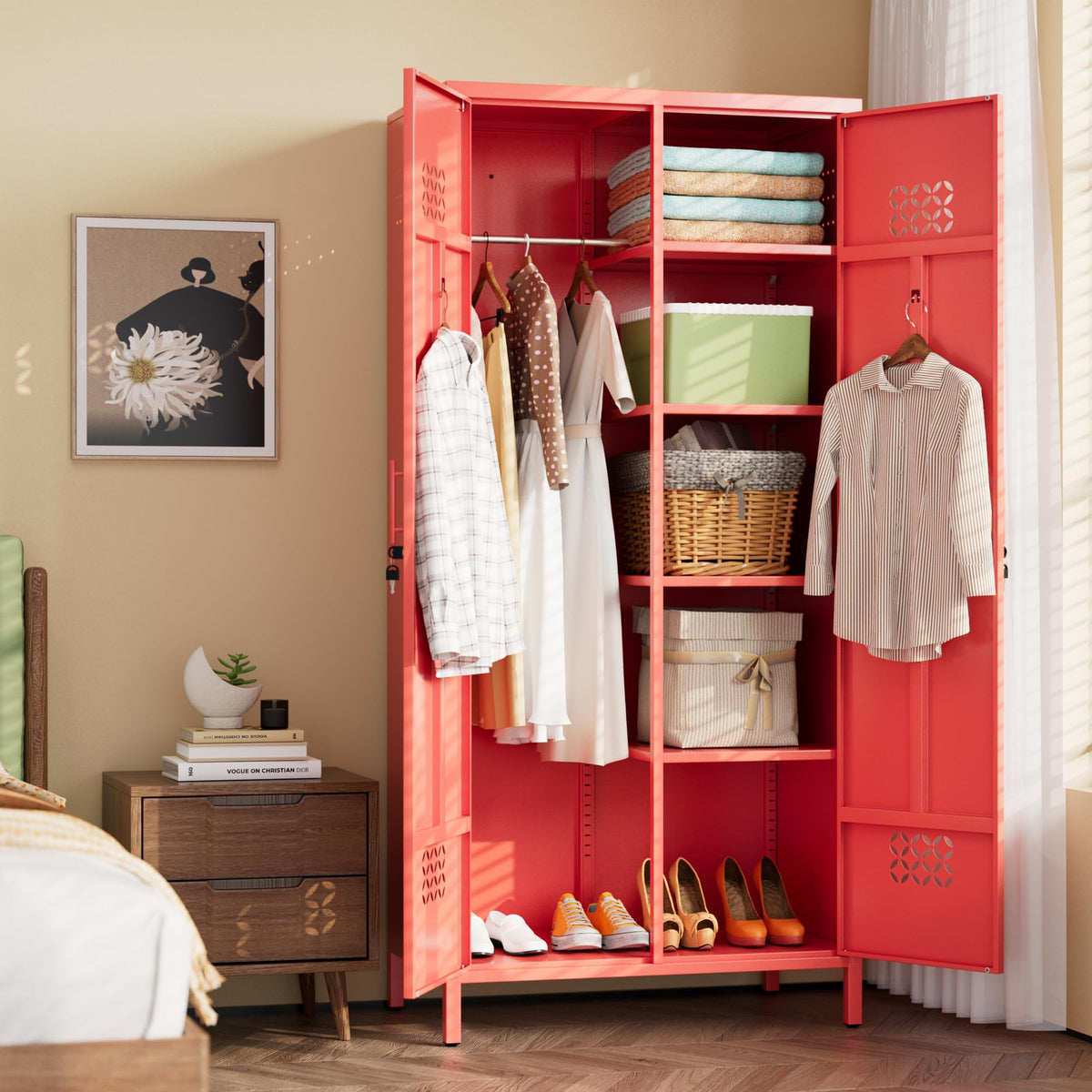 Red Metal Wardrobe Cabinet with Adjustable Shelves