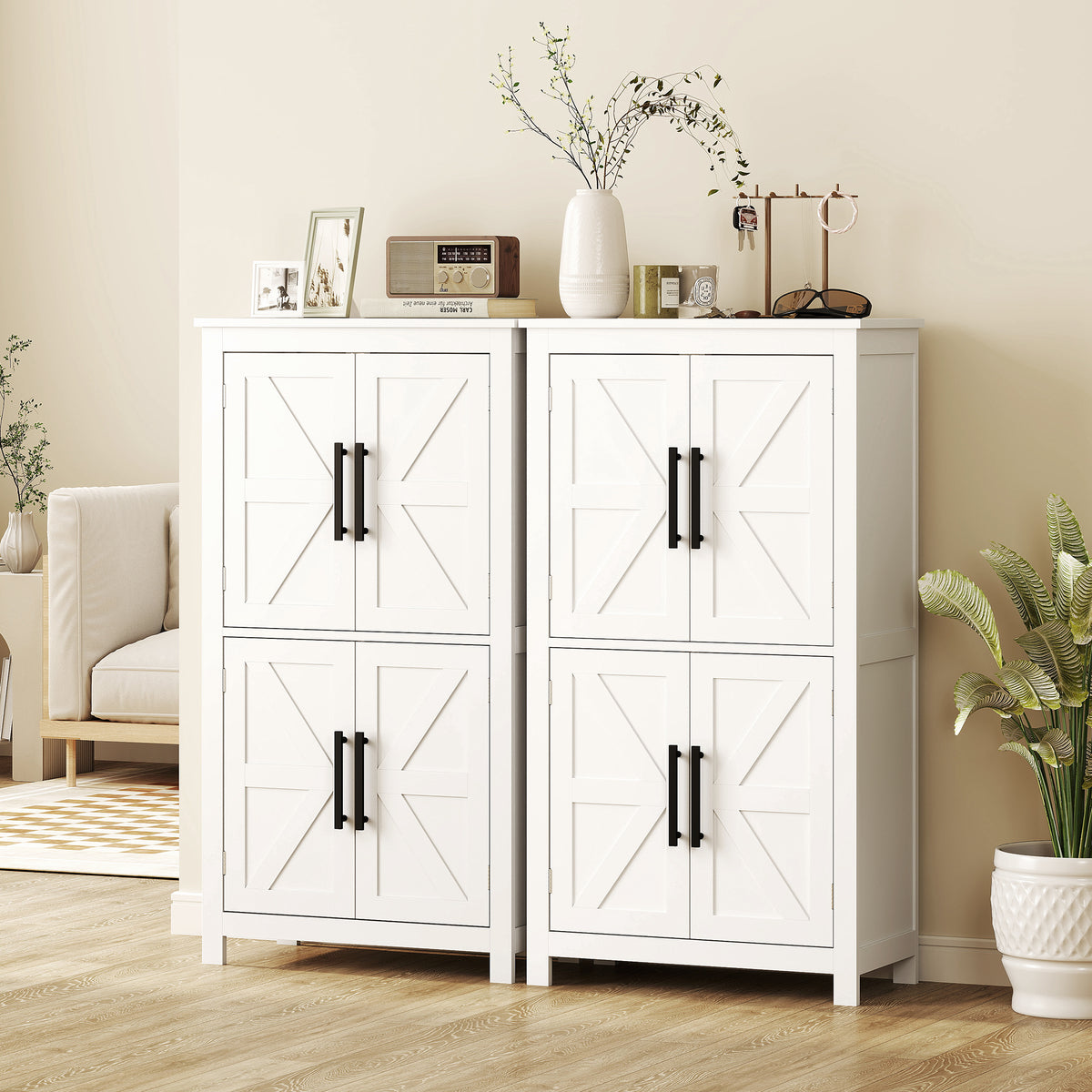 White Farmhouse Bathroom Cabinet with 4 Doors