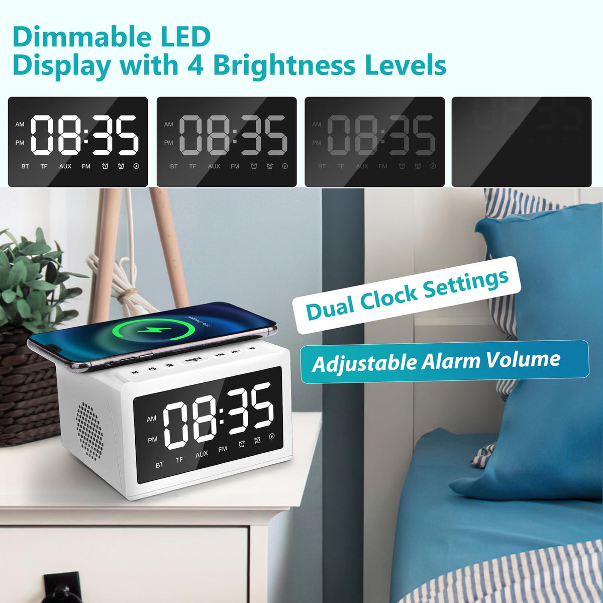 Digital Alarm Clock with Bluetooth and Qi Charging