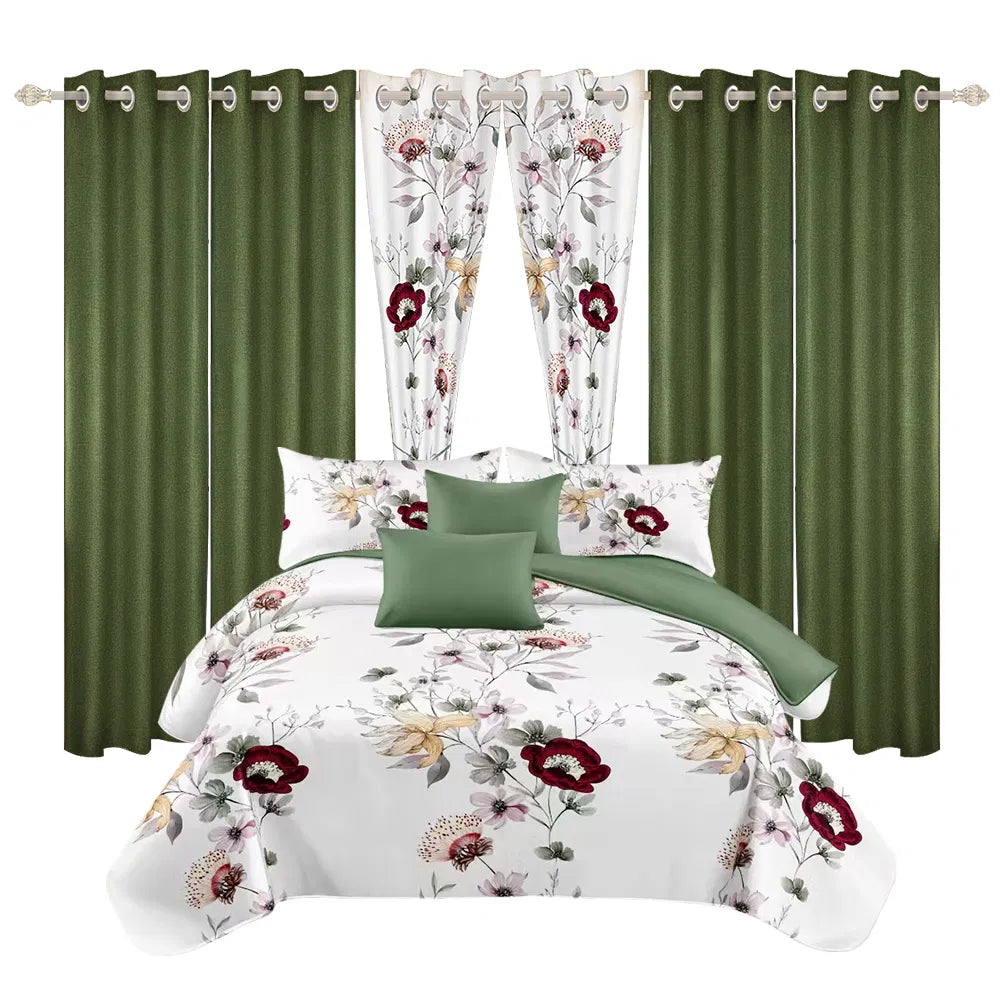 9-Piece Sage Green Floral Bedding and Curtain Set