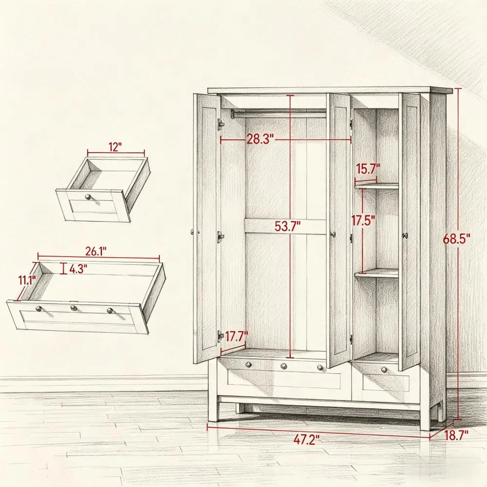 Wardrobe Cabinet with Shelves and 2 Drawers