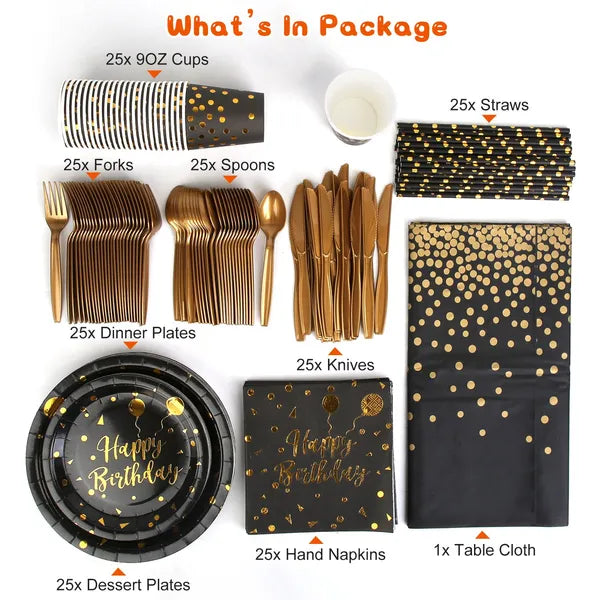 201-Piece Black and Gold Birthday Dinnerware Set