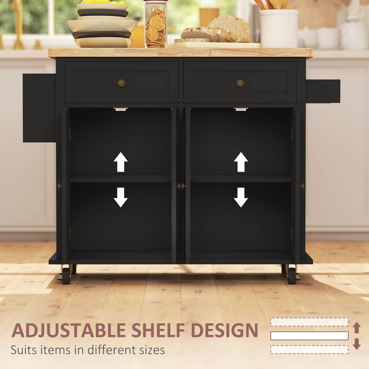 44-Inch Black Mobile Kitchen Island with 2 Drawers