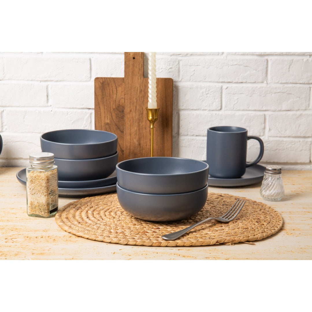 Blue 12-Piece Stoneware Dinnerware Set with Mugs