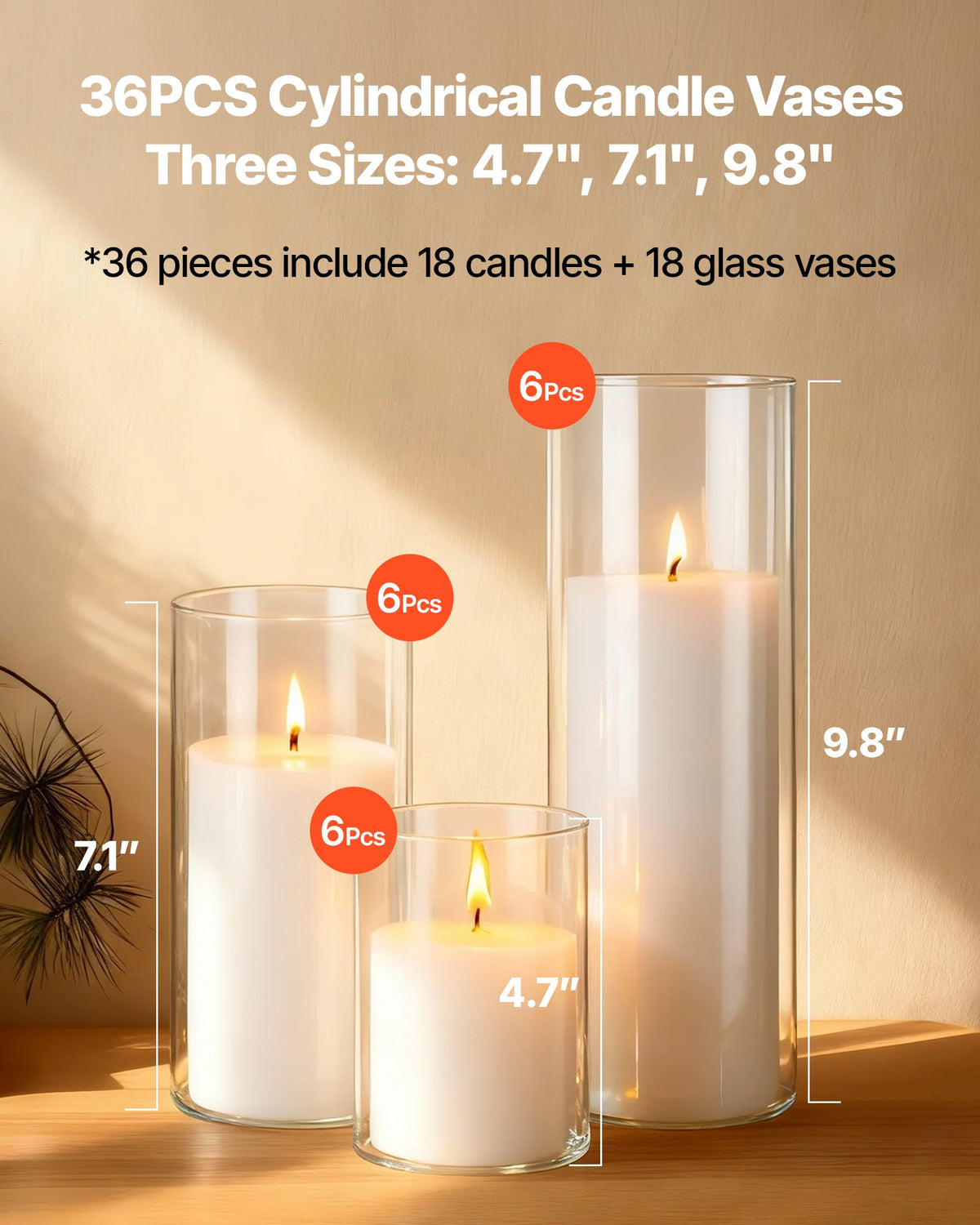 36-Piece Pillar Candle and Glass Vase Set, 3.4-Inch