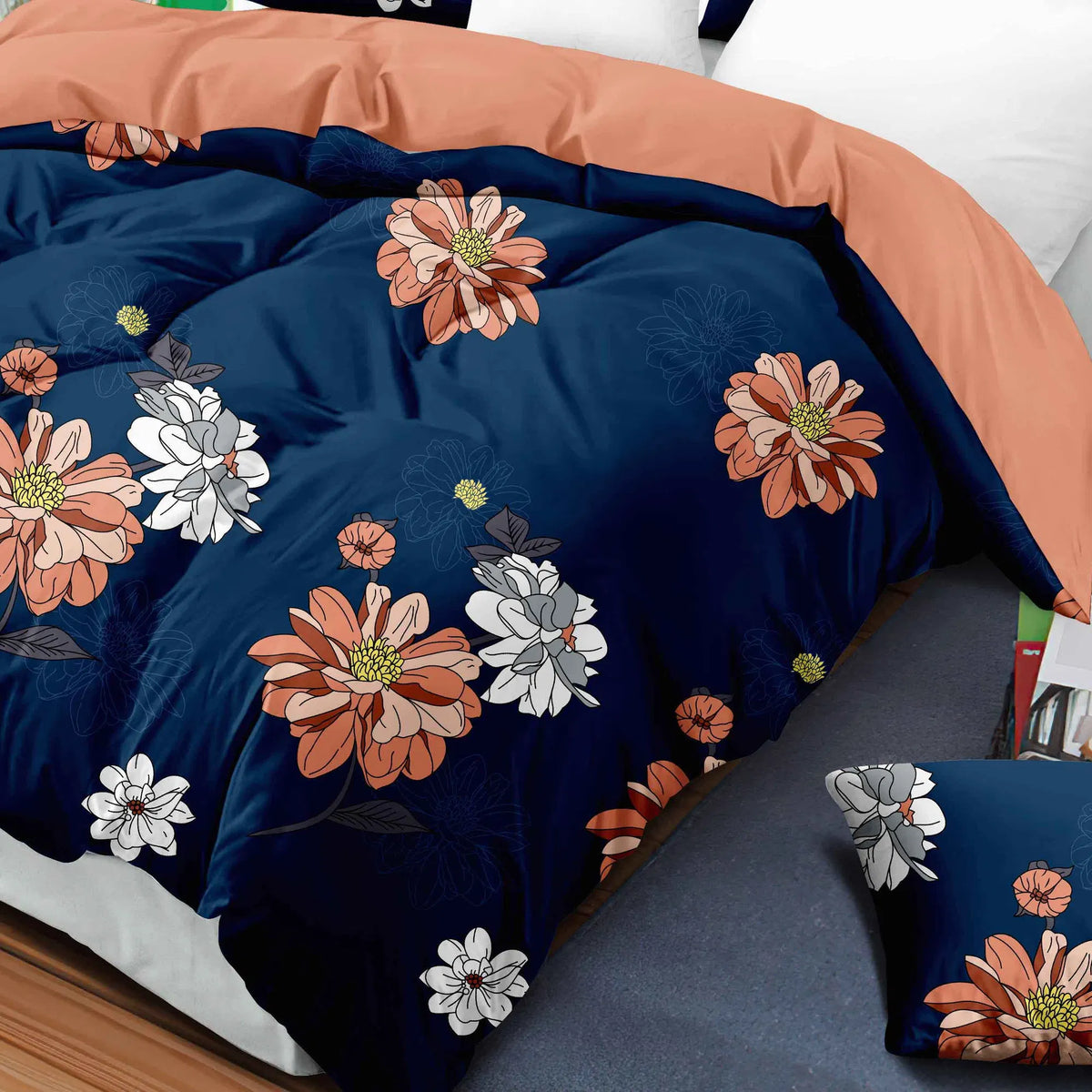 9-Piece Navy and Coral Floral Bedding and Curtain Set