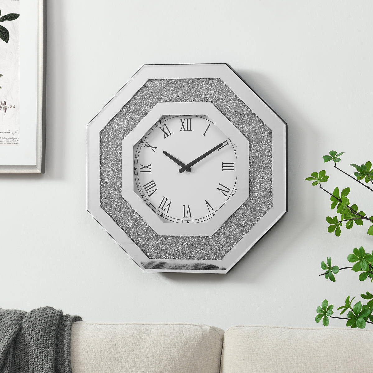 Octagonal Mirror and Decorative Gemstone Wall Clock
