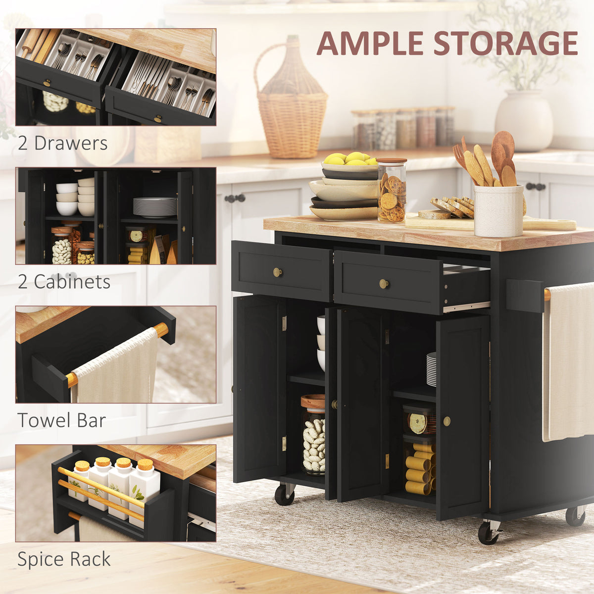 44-Inch Black Mobile Kitchen Island with 2 Drawers