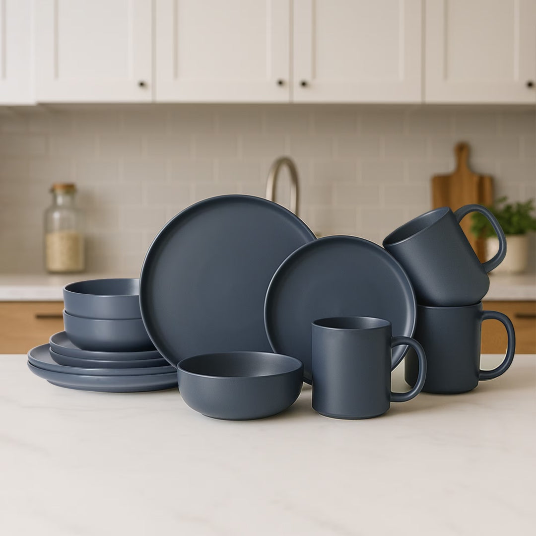 Blue 12-Piece Stoneware Dinnerware Set with Mugs