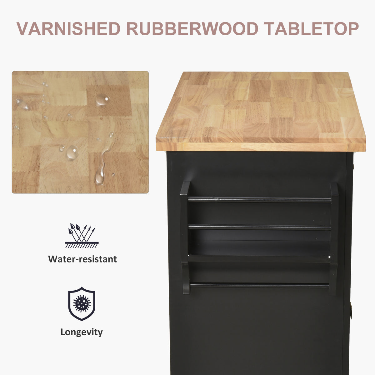 44-Inch Black Mobile Kitchen Island with 2 Drawers