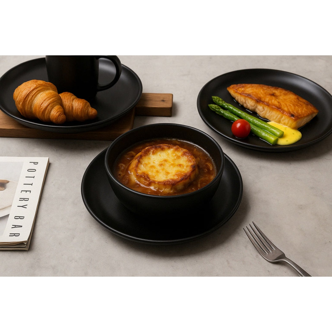 Black 12-Piece Stoneware Dinnerware Set with Mugs