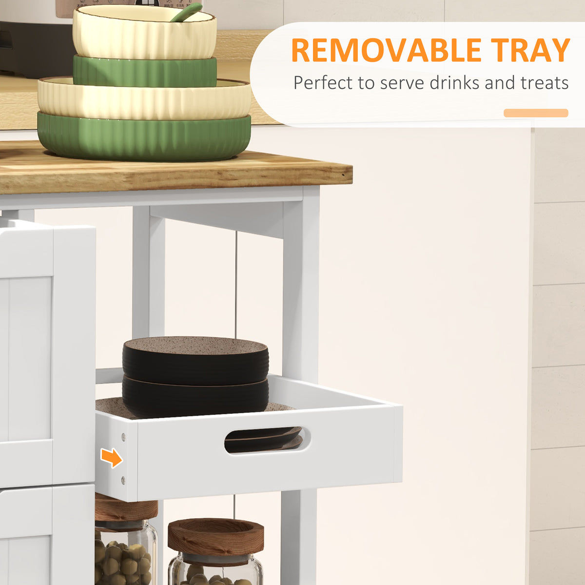 White Rolling Kitchen Cart with Wood Top