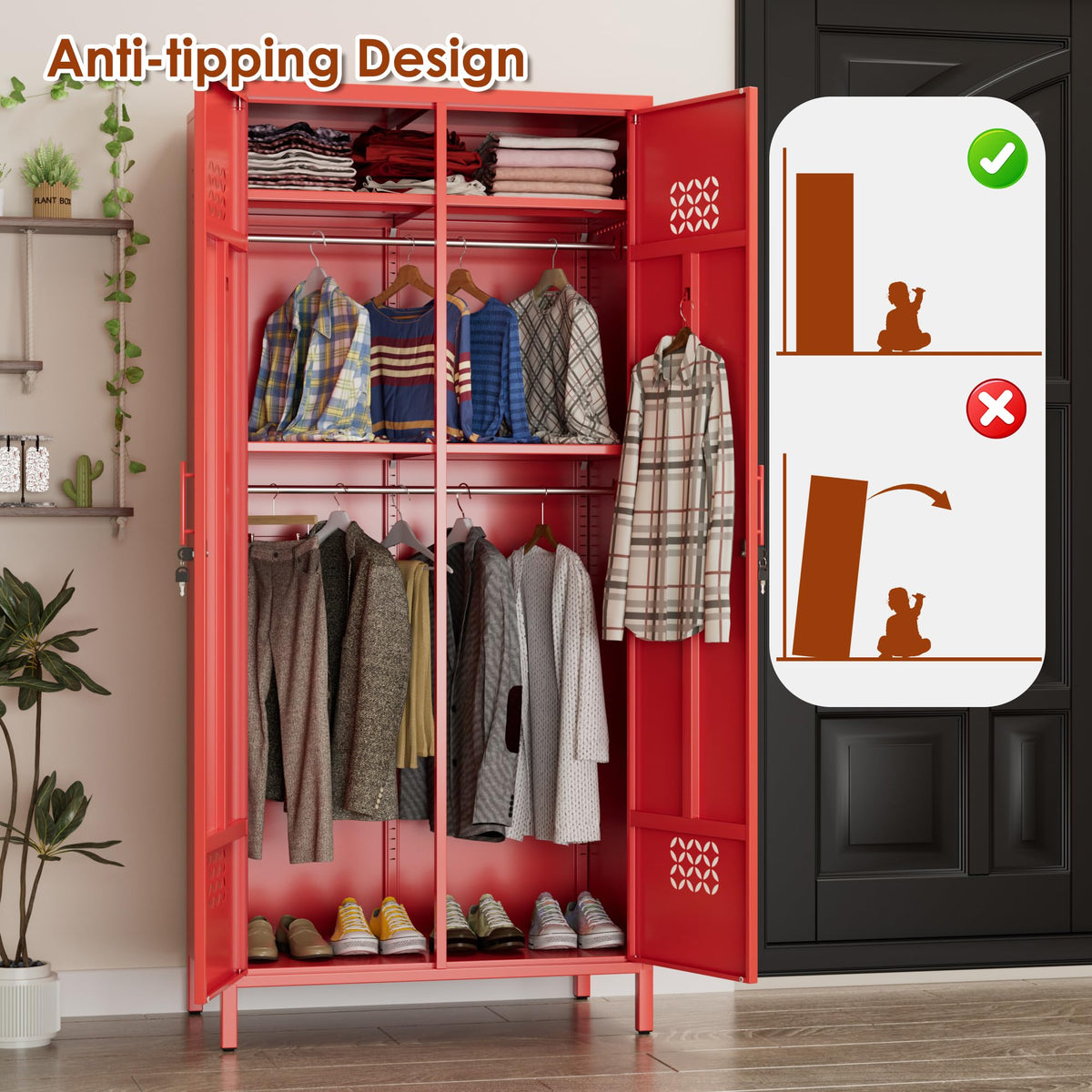Red Metal Wardrobe Cabinet with Adjustable Shelves