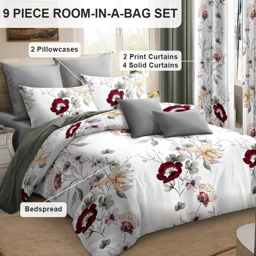 9-Piece Sage Green Floral Bedding and Curtain Set
