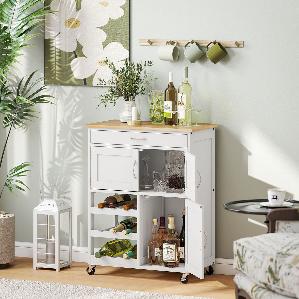 White Rolling Kitchen Cart with 9-Bottle Wine Rack