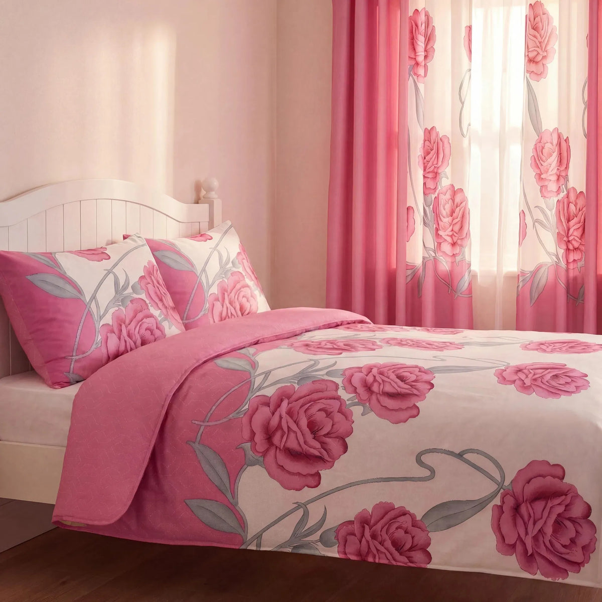 9-Piece Pink Rose Bedding and Curtain Set