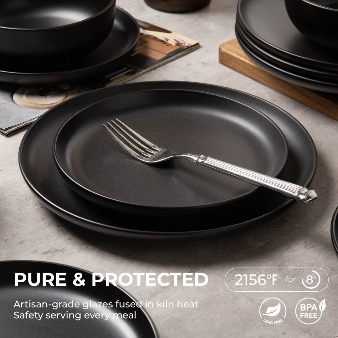 Black 12-Piece Stoneware Dinnerware Set with Mugs