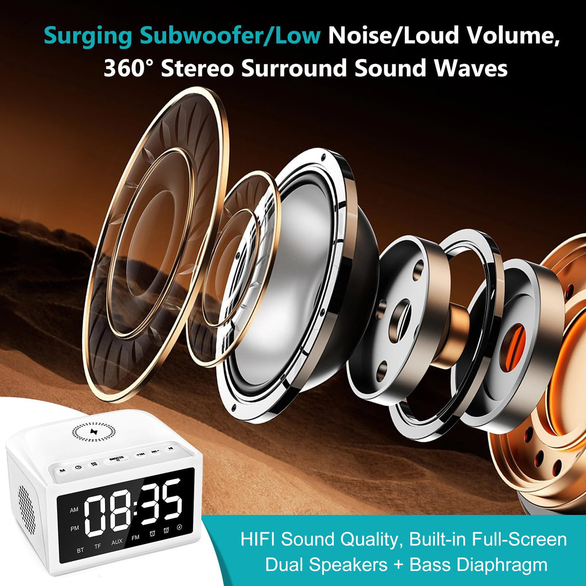 Digital Alarm Clock with Bluetooth and Qi Charging