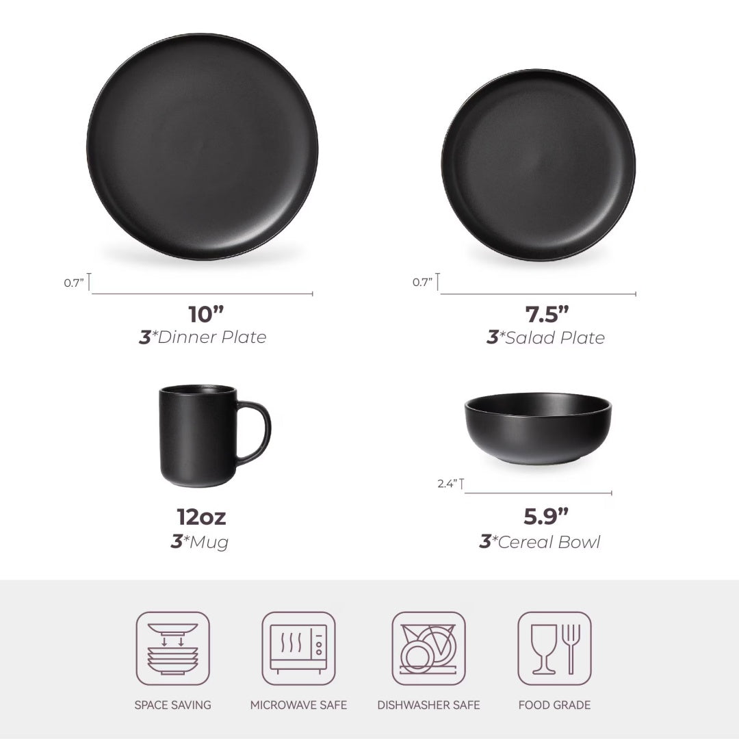 Black 12-Piece Stoneware Dinnerware Set with Mugs