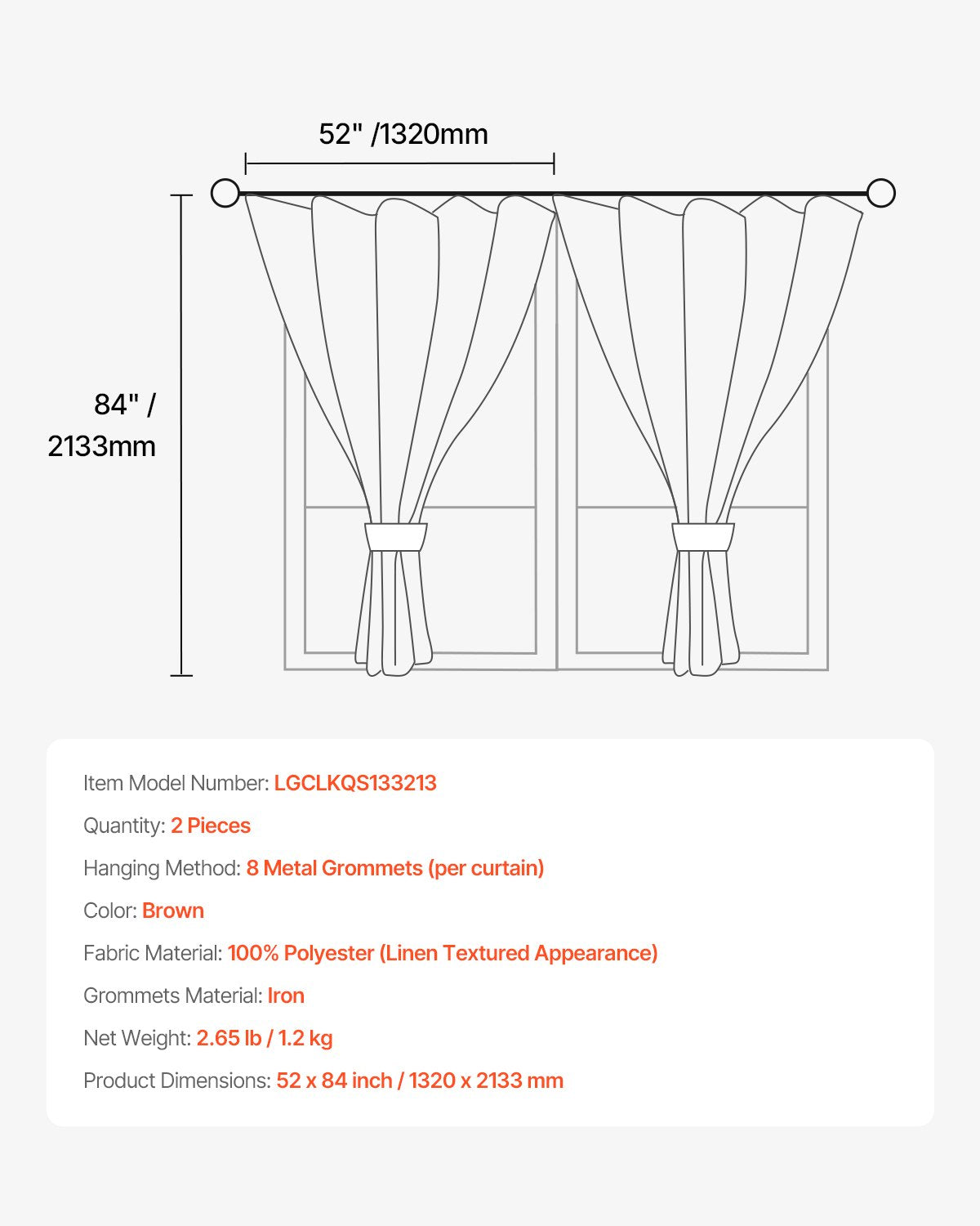 Linen-Style Grommet Curtain Pair, 52 x 84 Inches