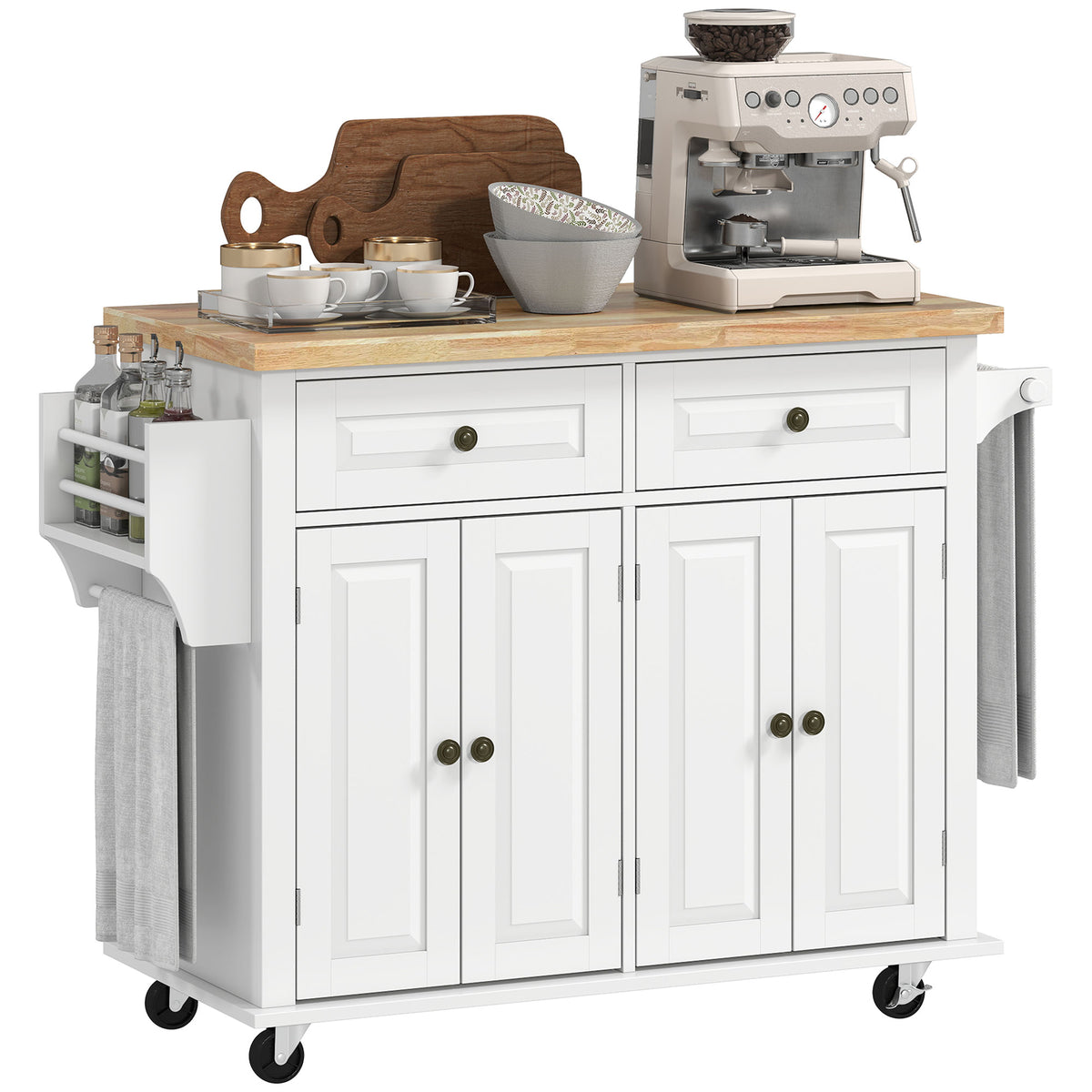 44-Inch White Mobile Kitchen Island with 2 Drawers