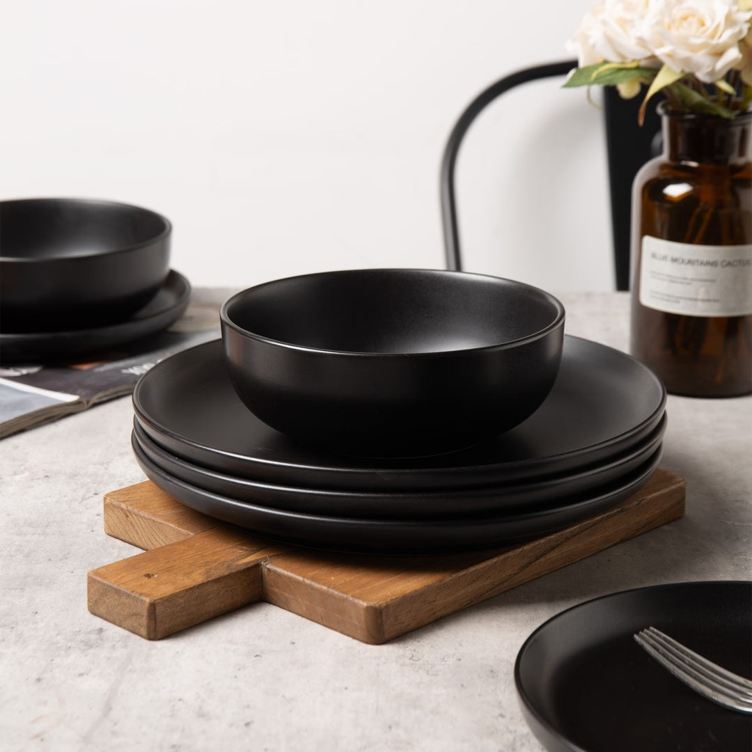 Black 12-Piece Stoneware Dinnerware Set with Mugs