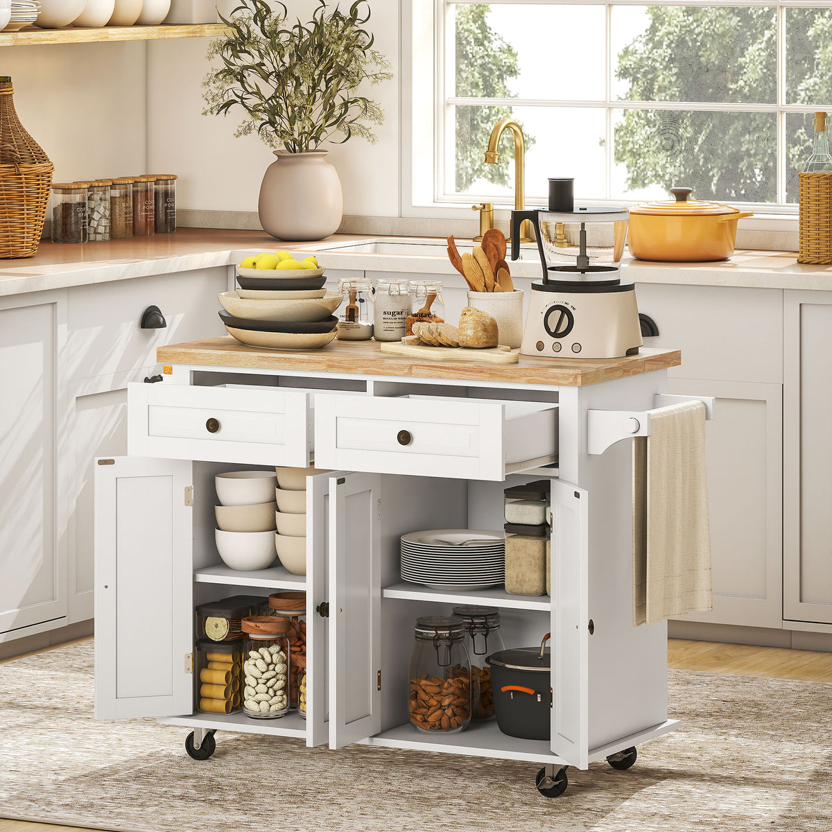 44-Inch White Mobile Kitchen Island with 2 Drawers