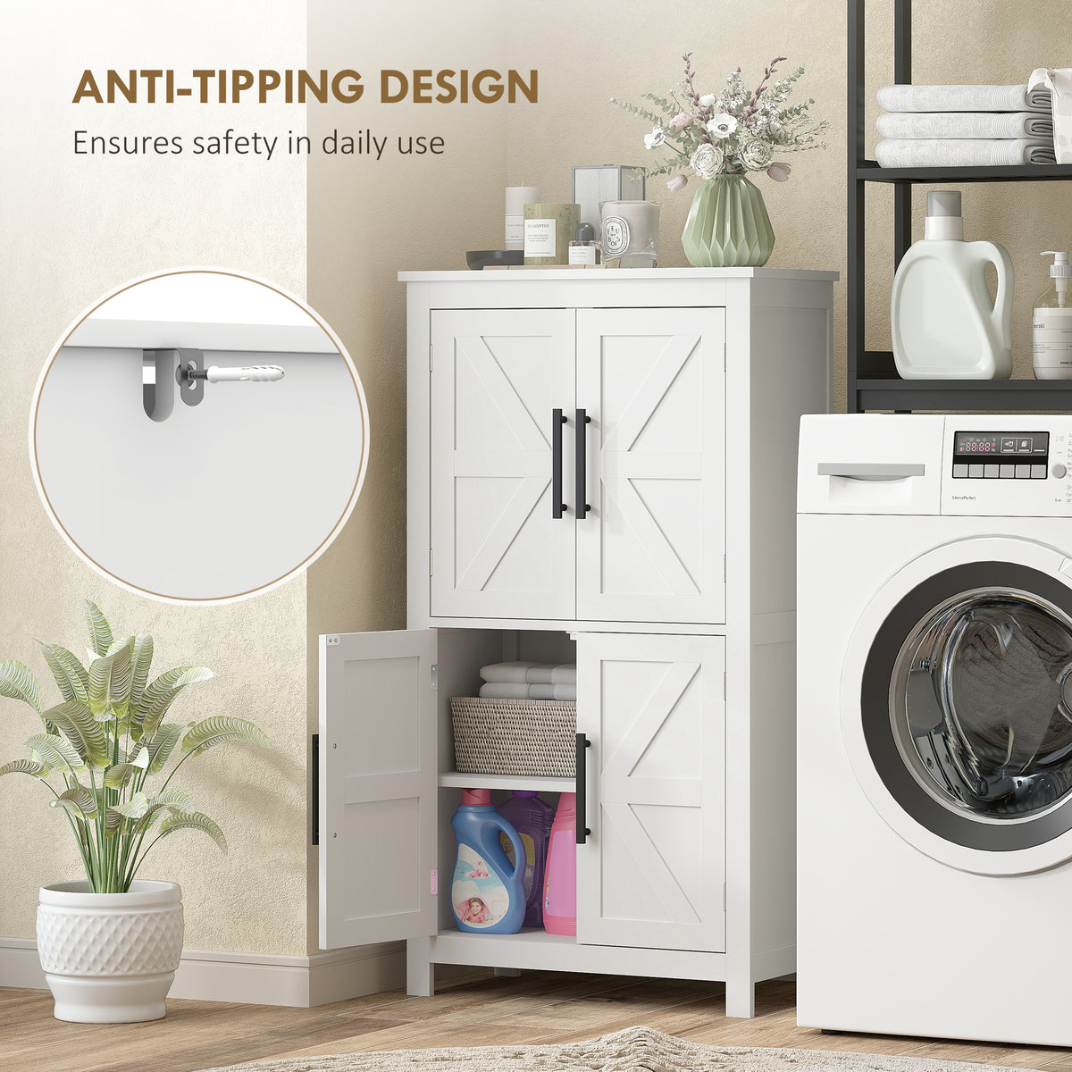 White Farmhouse Bathroom Cabinet with 4 Doors
