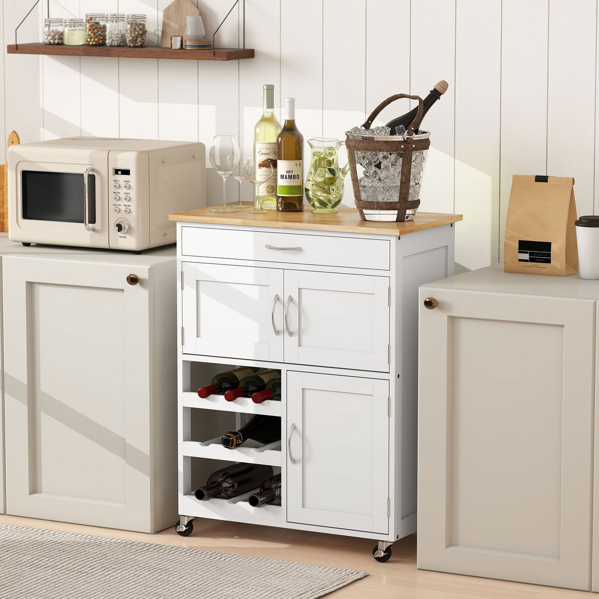 White Rolling Kitchen Cart with 9-Bottle Wine Rack