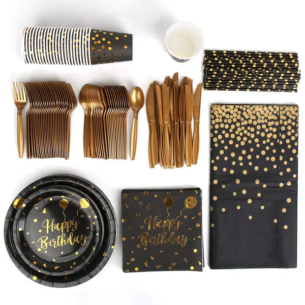 201-Piece Black and Gold Birthday Dinnerware Set