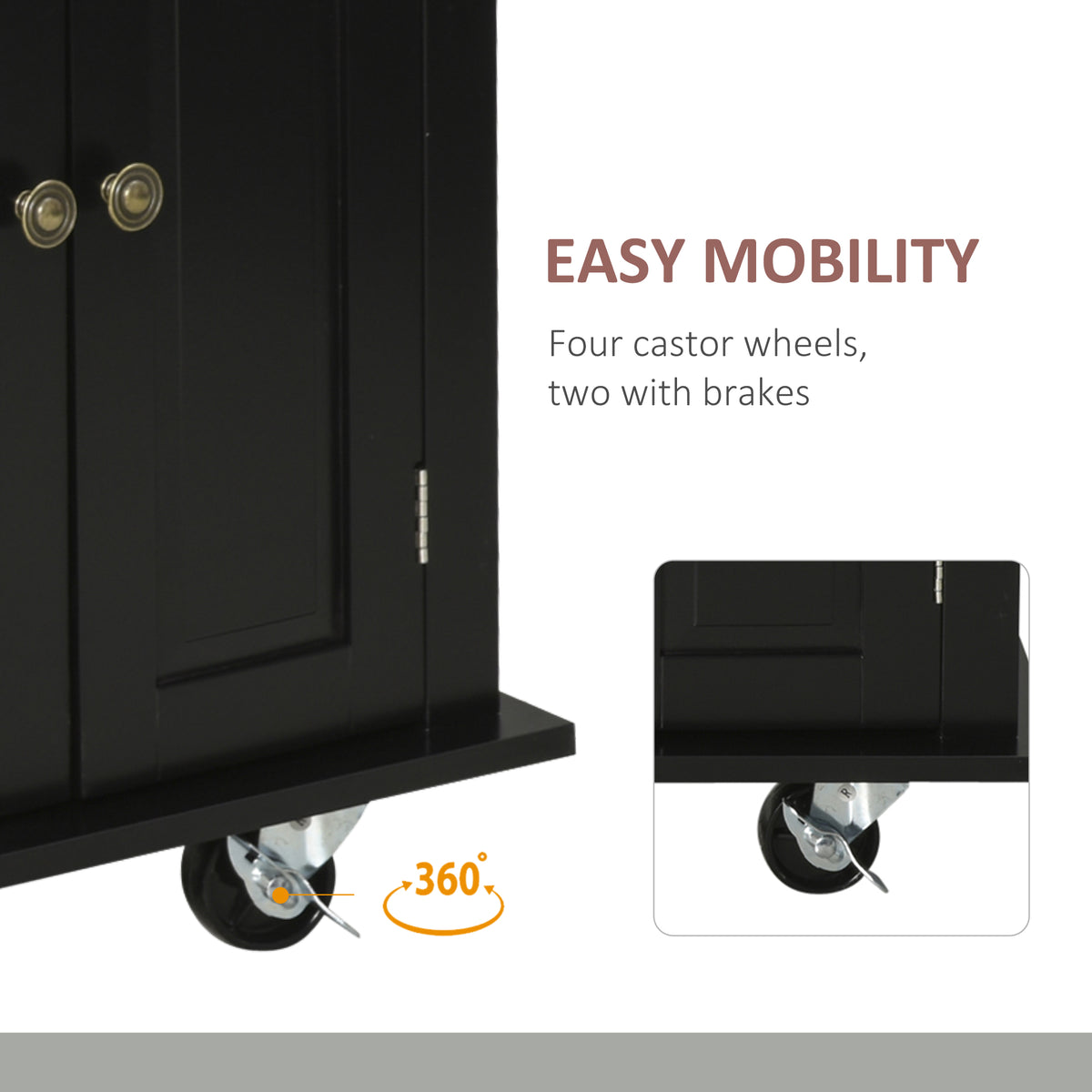 44-Inch Black Mobile Kitchen Island with 2 Drawers