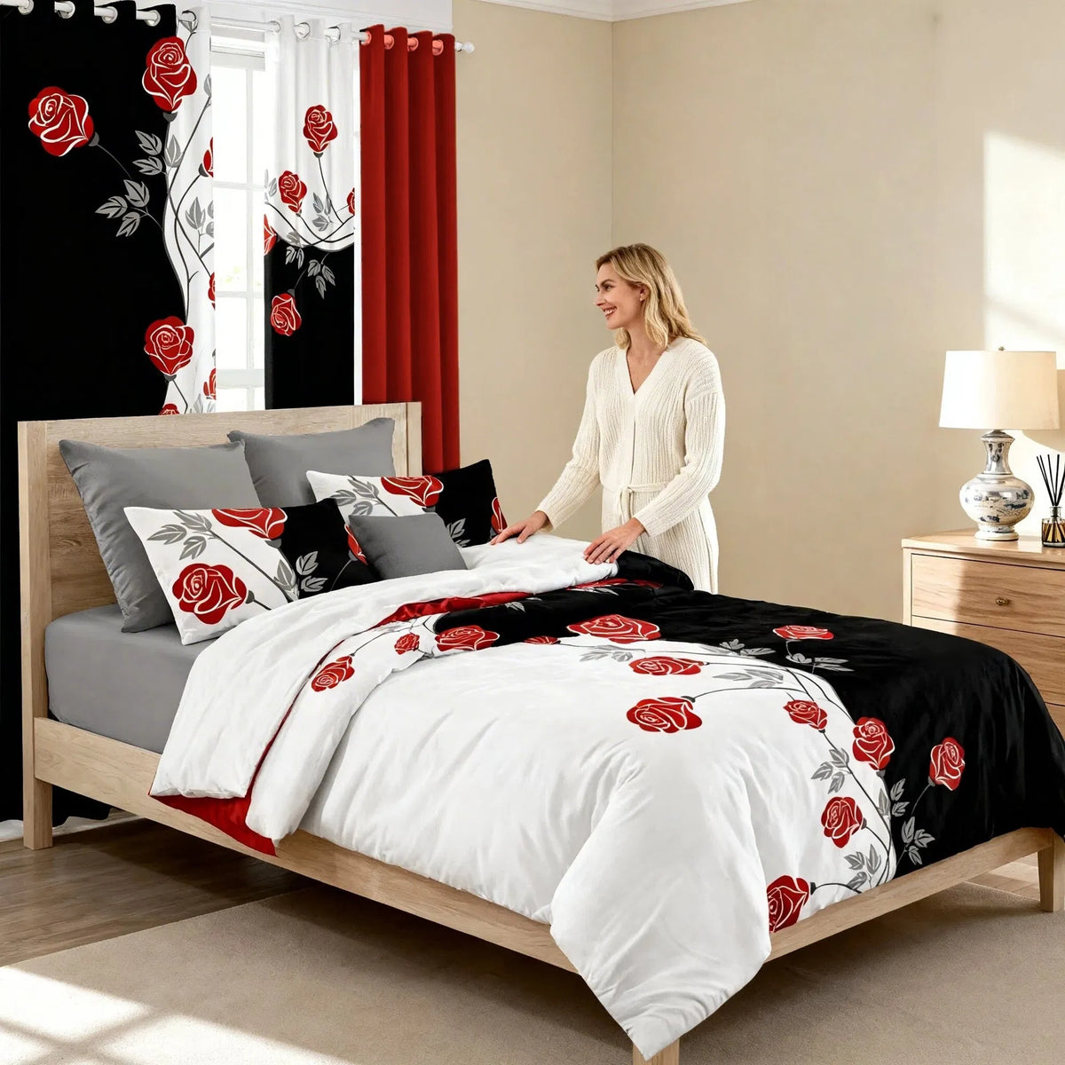 9-Piece Red Rose Bedding and Curtain Set