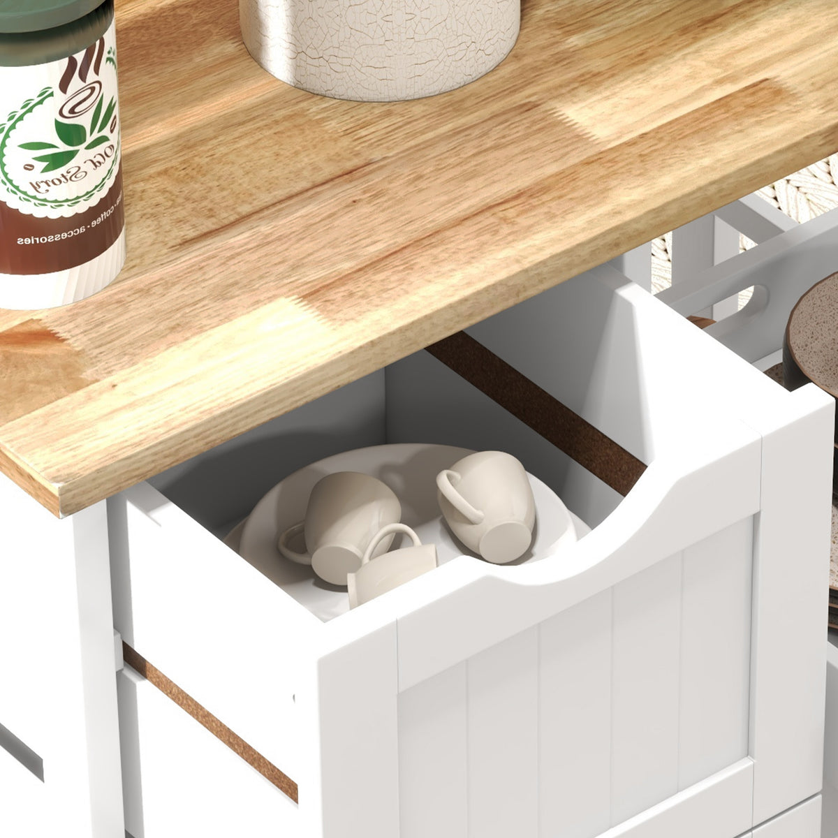 White Rolling Kitchen Cart with Wood Top