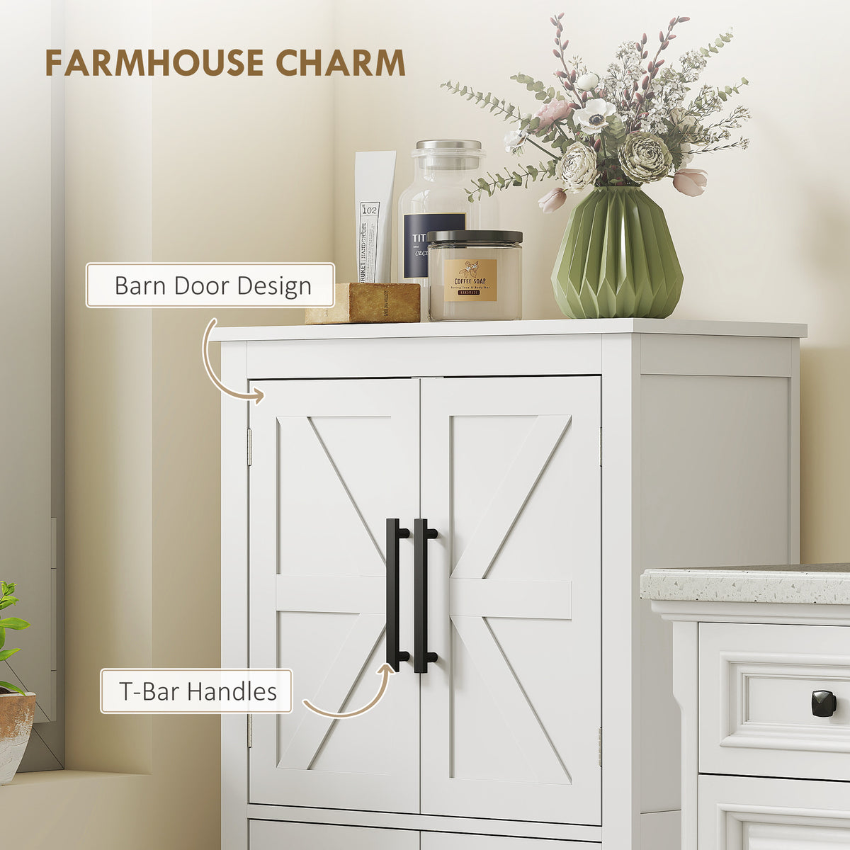 White Farmhouse Bathroom Cabinet with 4 Doors