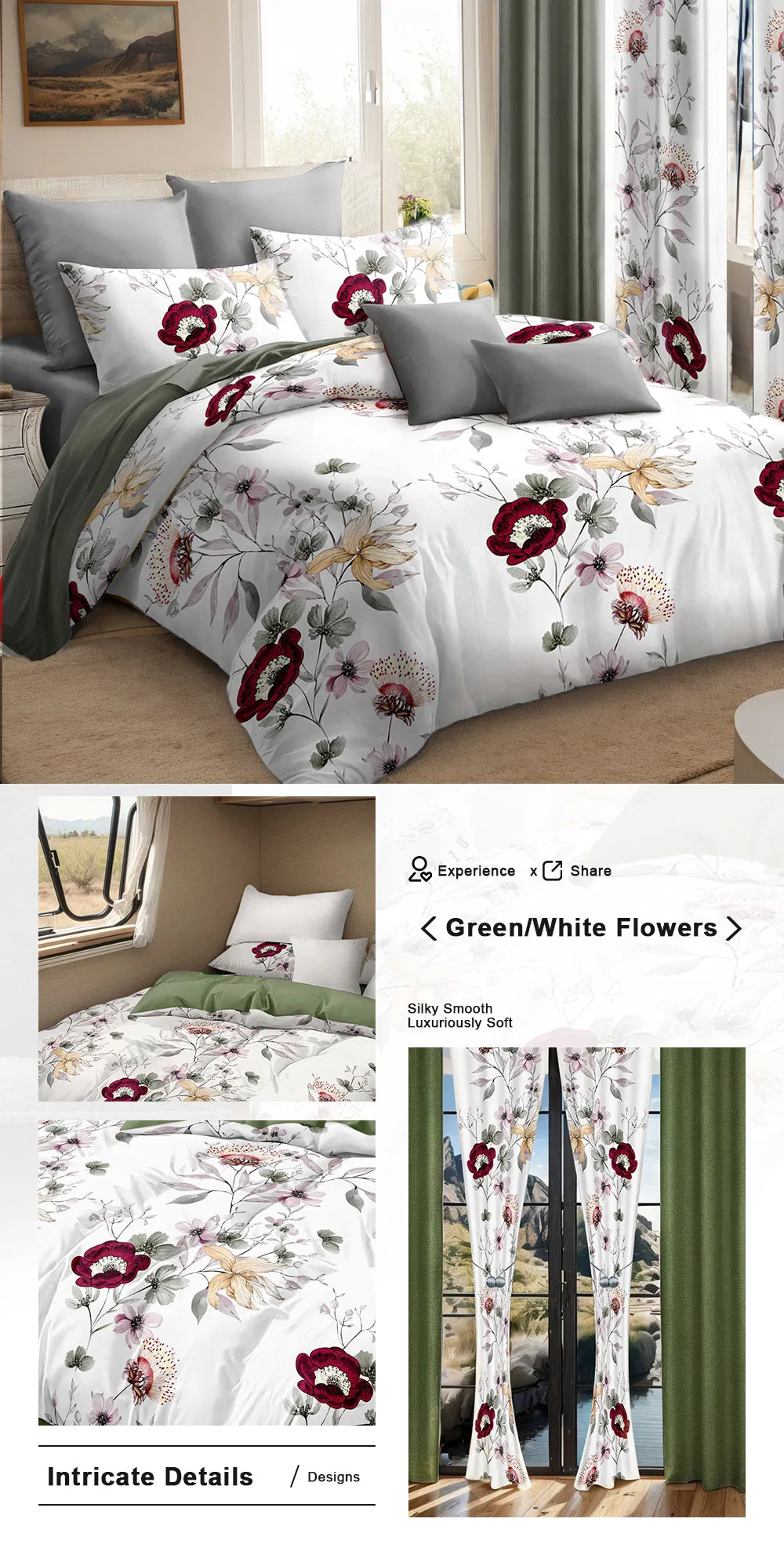 9-Piece Sage Green Floral Bedding and Curtain Set