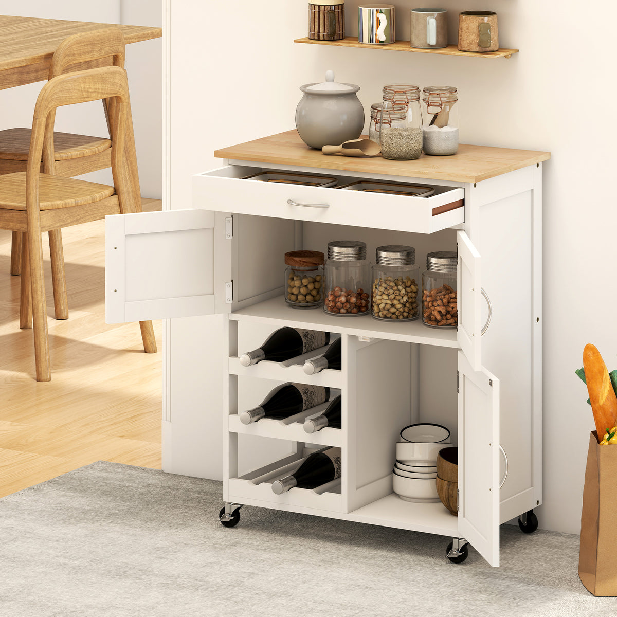 White Rolling Kitchen Cart with 9-Bottle Wine Rack