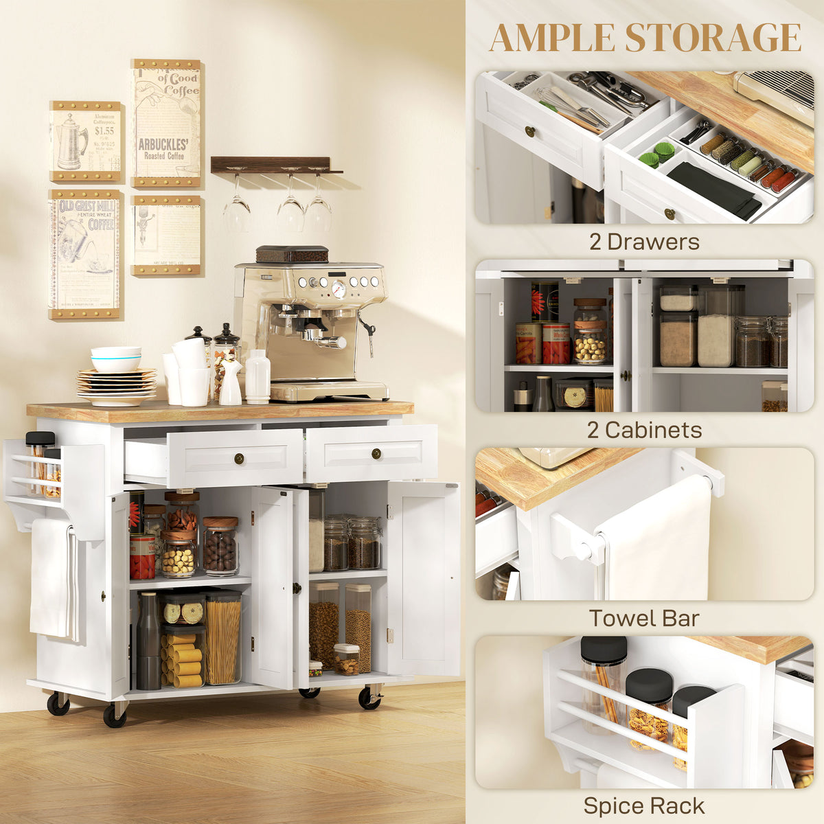 44-Inch White Mobile Kitchen Island with 2 Drawers