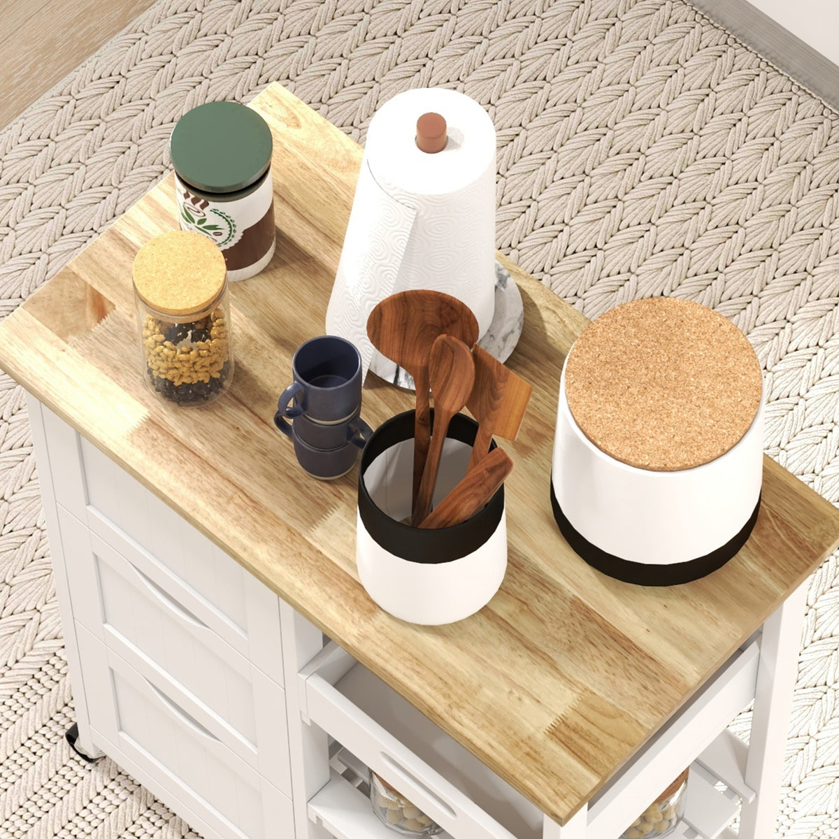 White Rolling Kitchen Cart with Wood Top