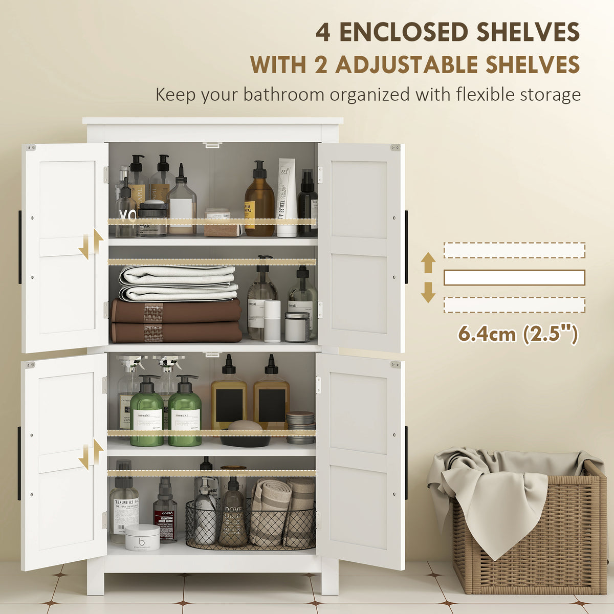 White Farmhouse Bathroom Cabinet with 4 Doors