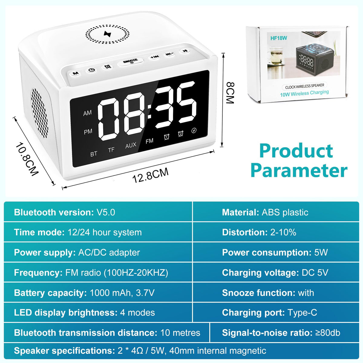 Digital Alarm Clock with Bluetooth and Qi Charging