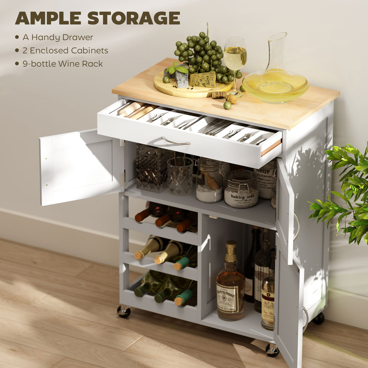 White Rolling Kitchen Cart with 9-Bottle Wine Rack
