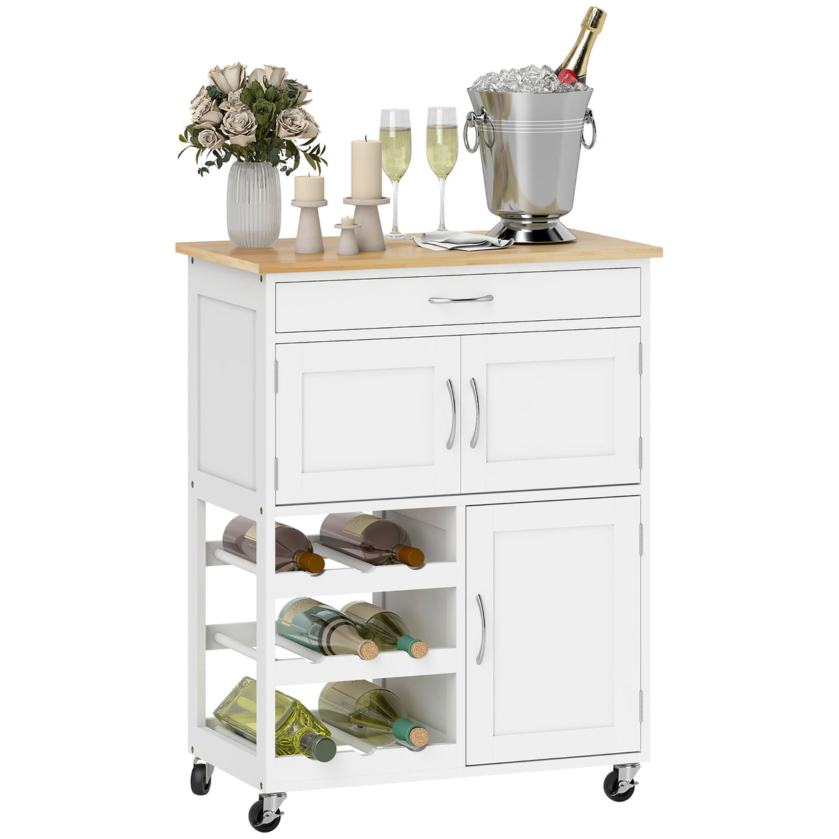 White Rolling Kitchen Cart with 9-Bottle Wine Rack