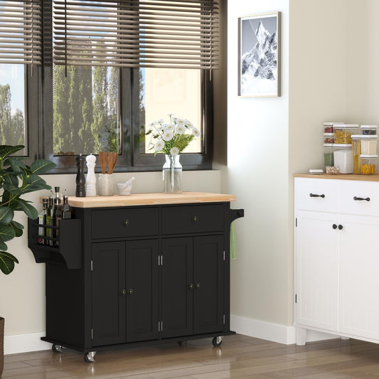 44-Inch Black Mobile Kitchen Island with 2 Drawers