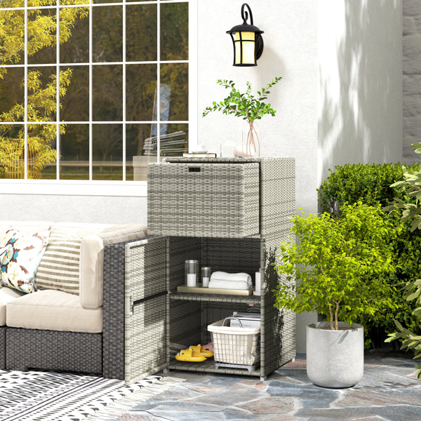 Gray PE-Rattan Outdoor Storage Cabinet with Drawer