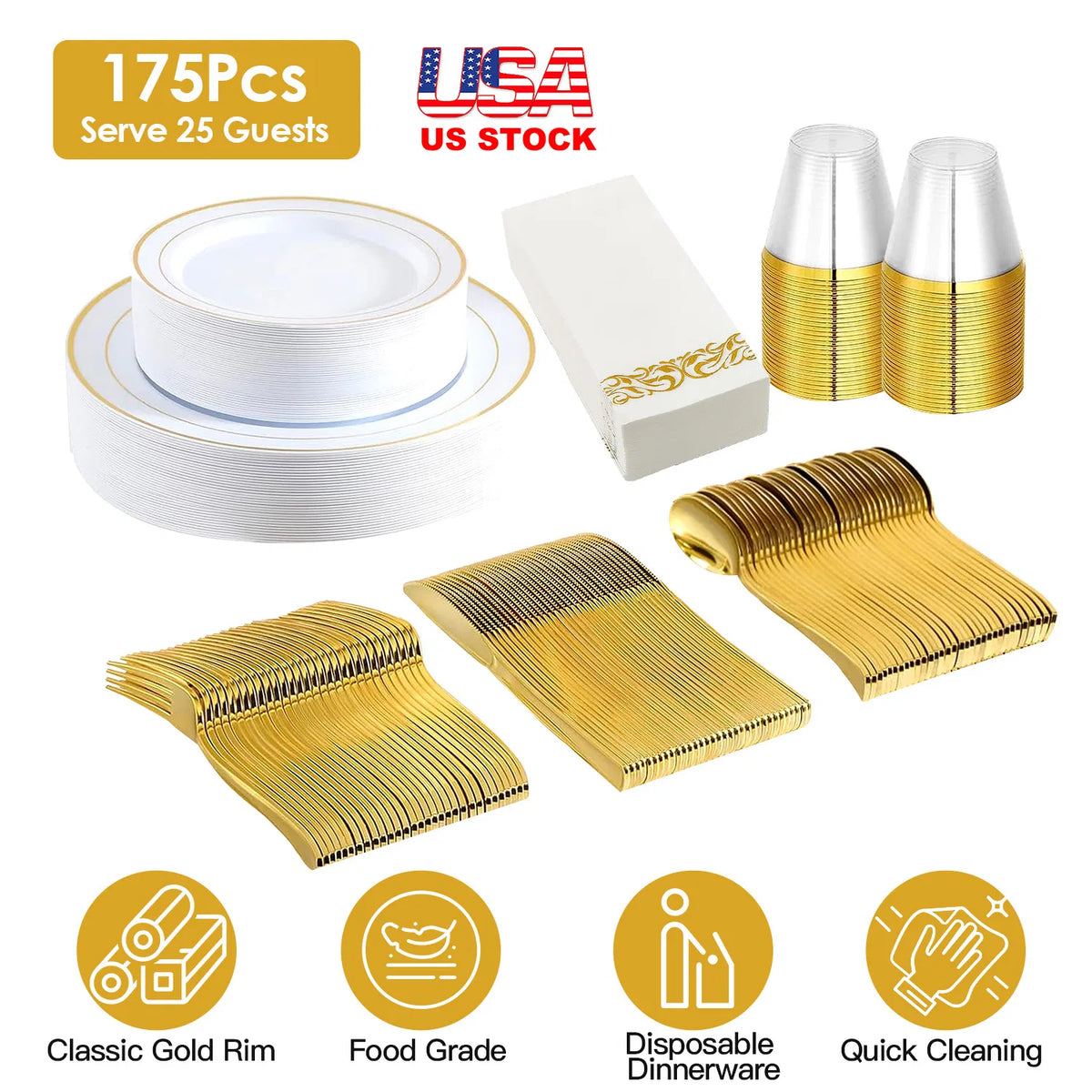 175-Piece Gold Disposable Party Dinnerware Set