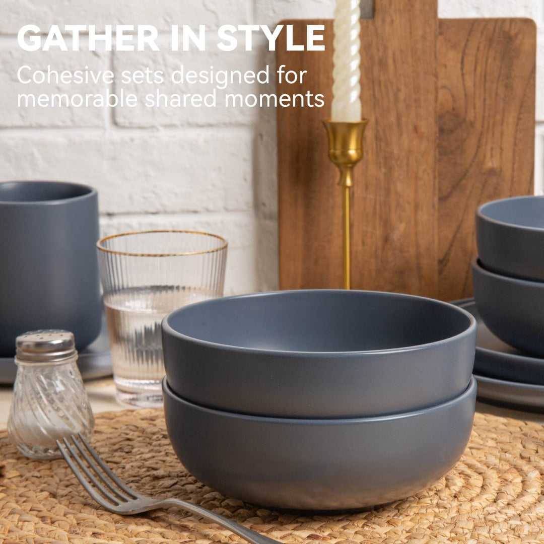 Blue 12-Piece Stoneware Dinnerware Set with Mugs