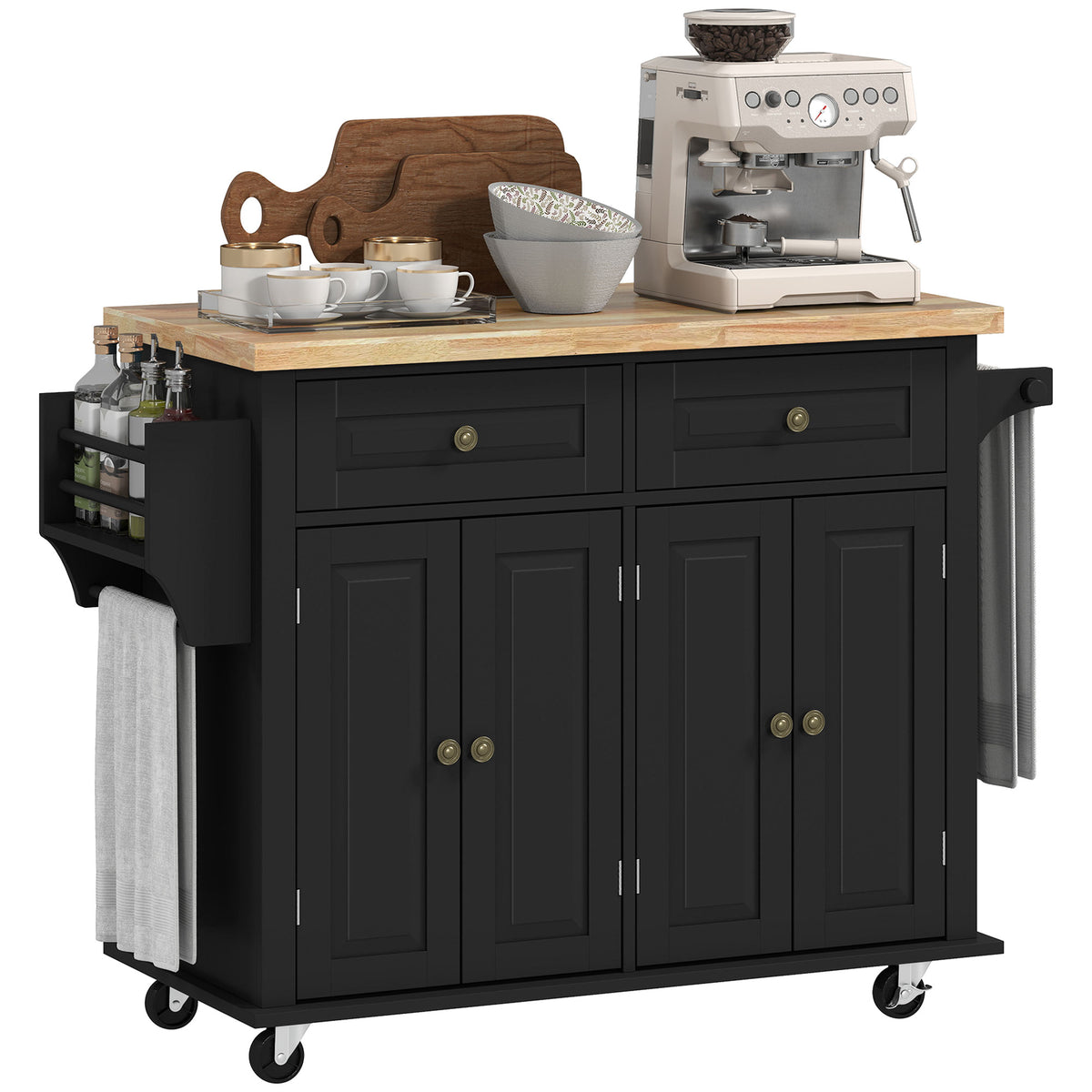 44-Inch Black Mobile Kitchen Island with 2 Drawers